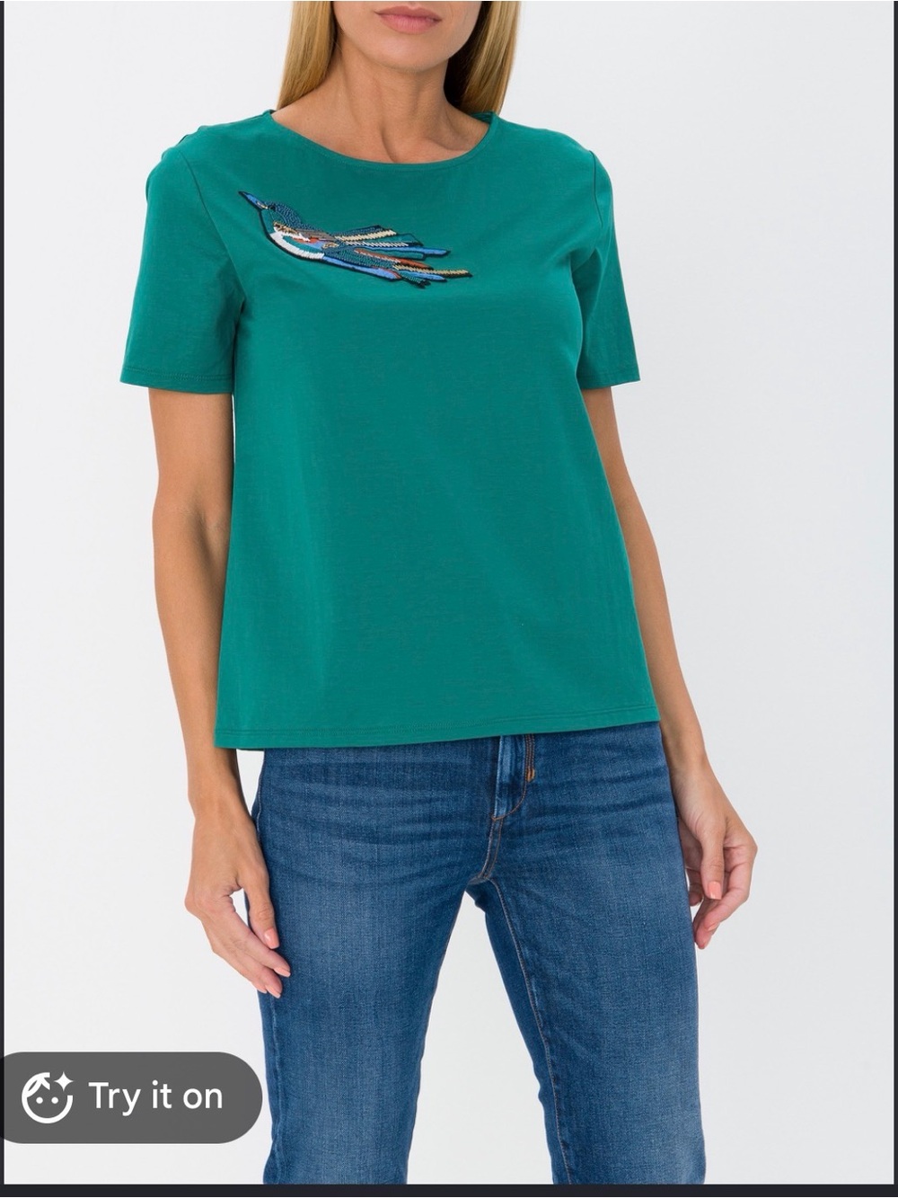 Weekend Max Mara Green Beaded Bird Embroidered T-Shirt Top XS Statement